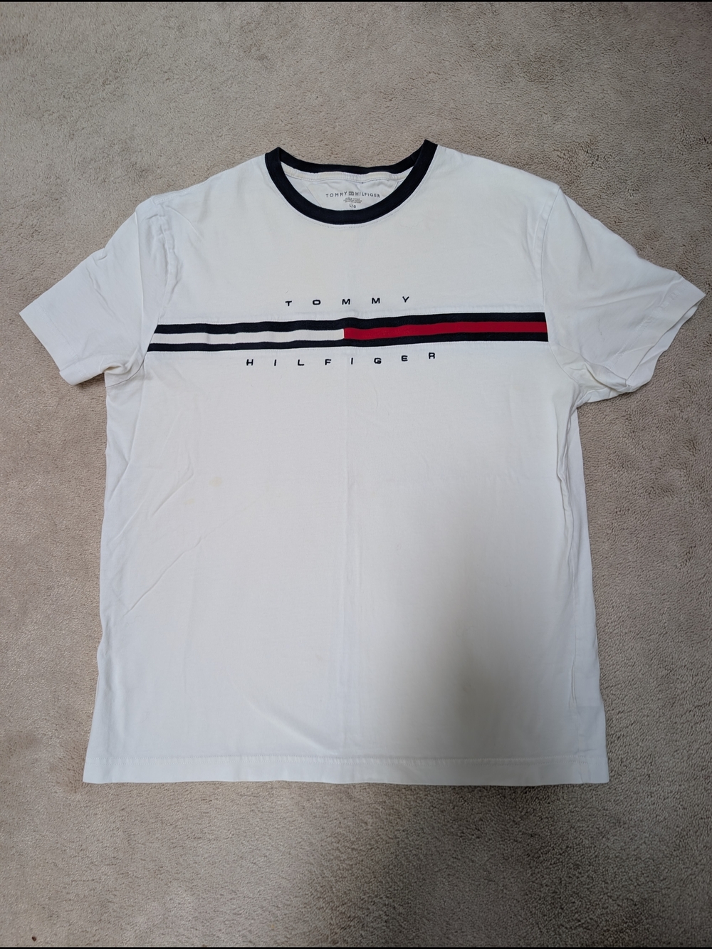 Tommy Hilfiger White Tee with Navy and Red Stripe Detail
